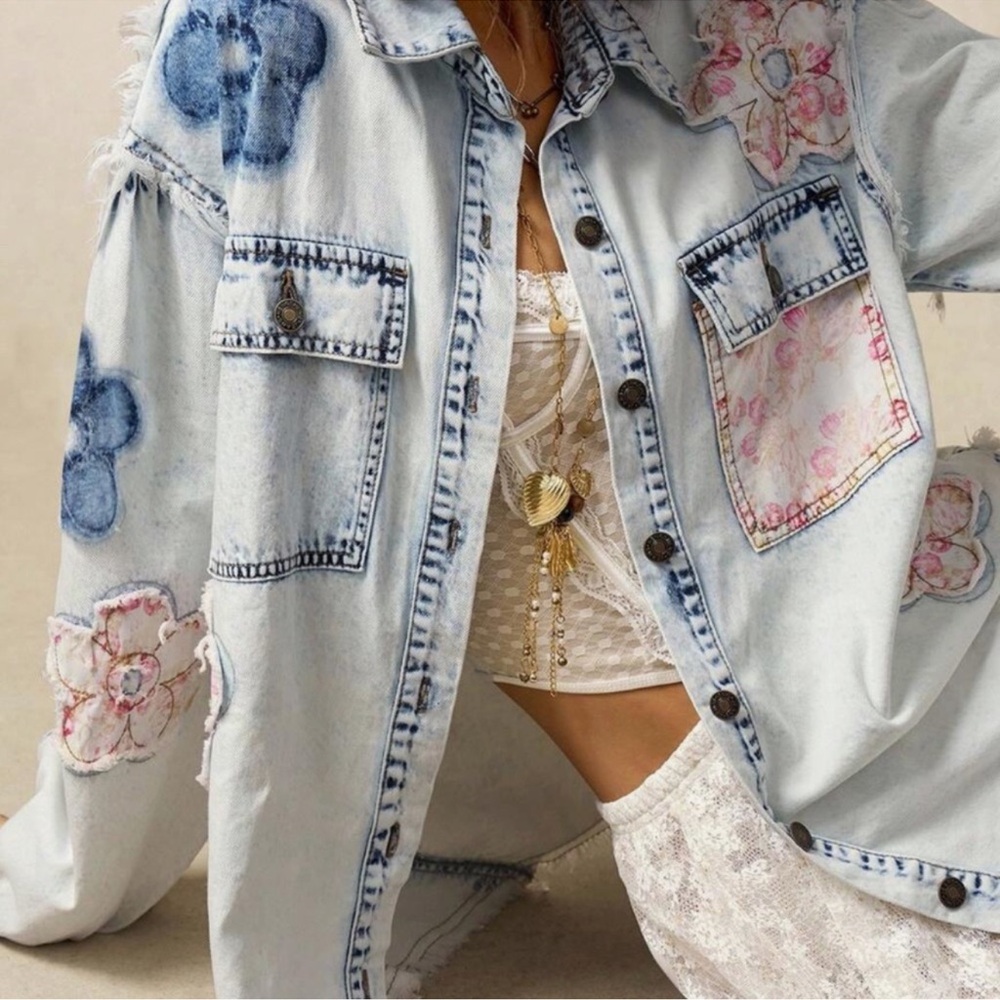 Boho Light Wash Floral Print Patchwork Button Down Frayed Loose Fit Top S M L XL